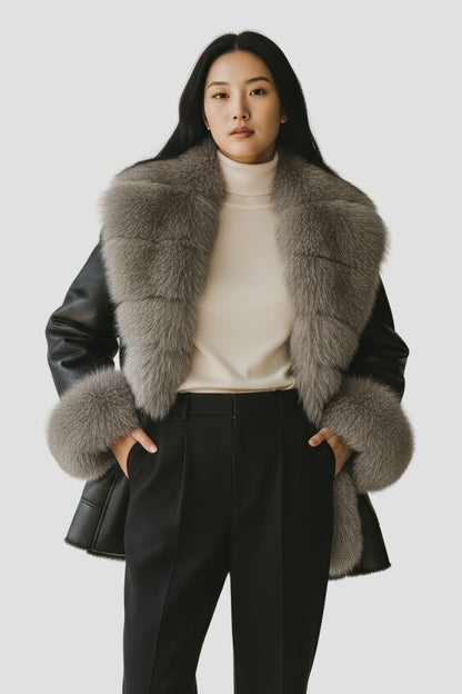 Veste en cuir à fourrure grise Héritage fourrure