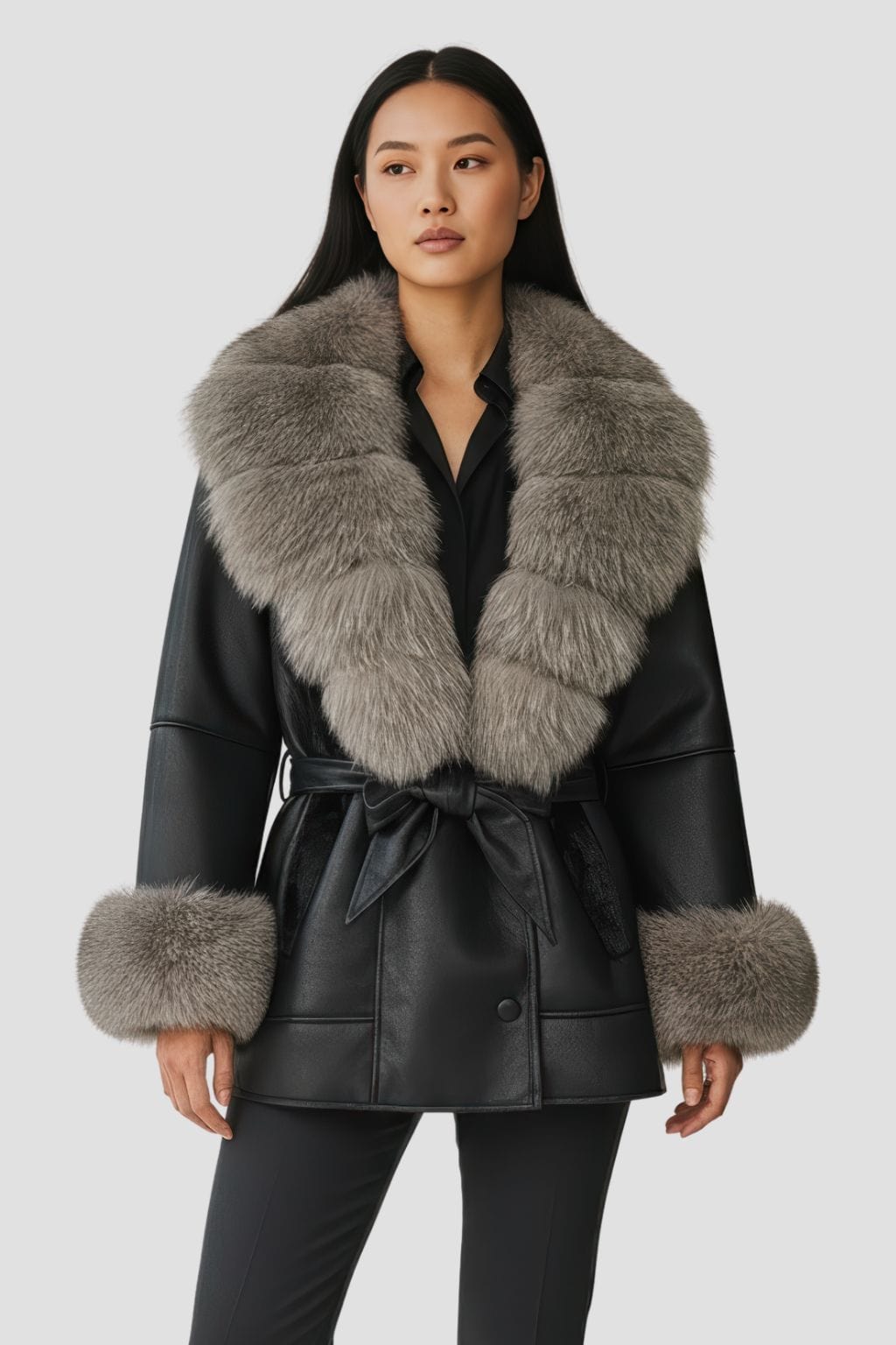 Veste en cuir à fourrure grise Héritage fourrure