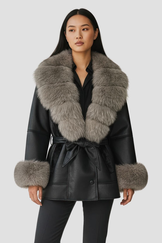 Veste en cuir à fourrure grise Héritage fourrure