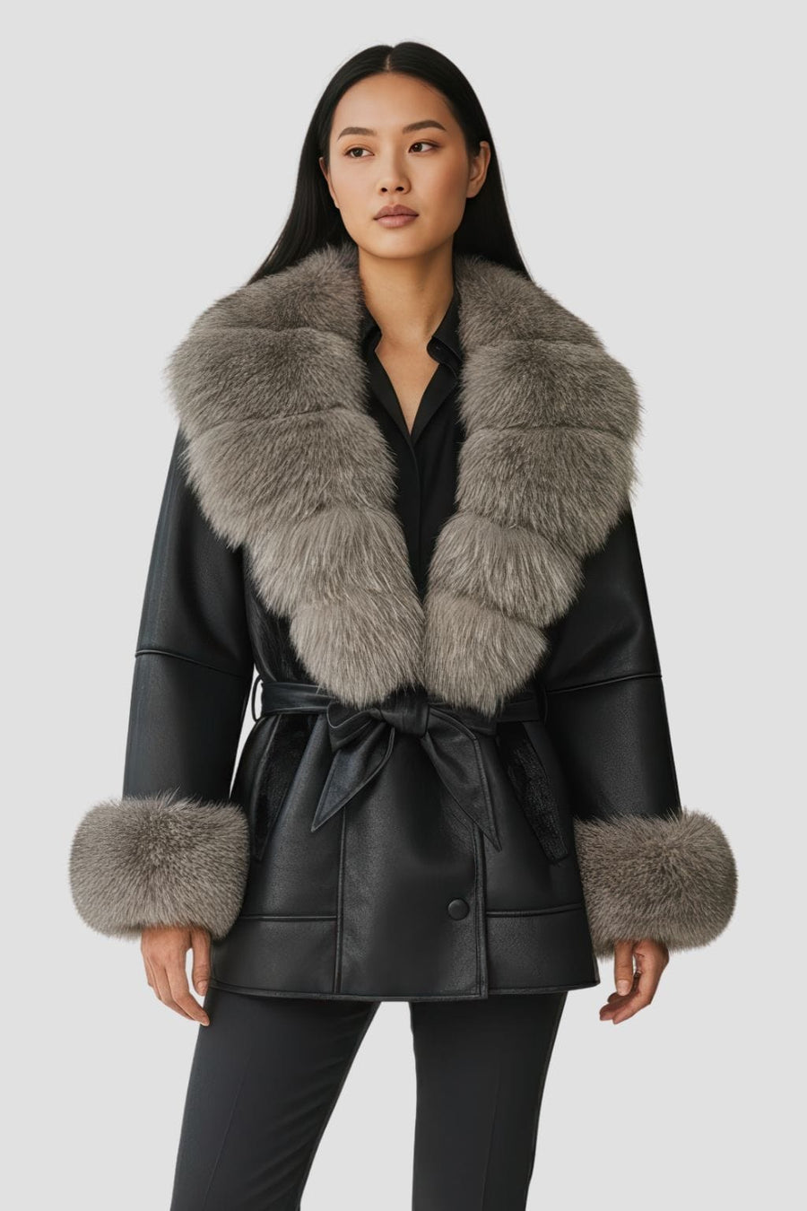 Veste en cuir à fourrure grise Héritage fourrure