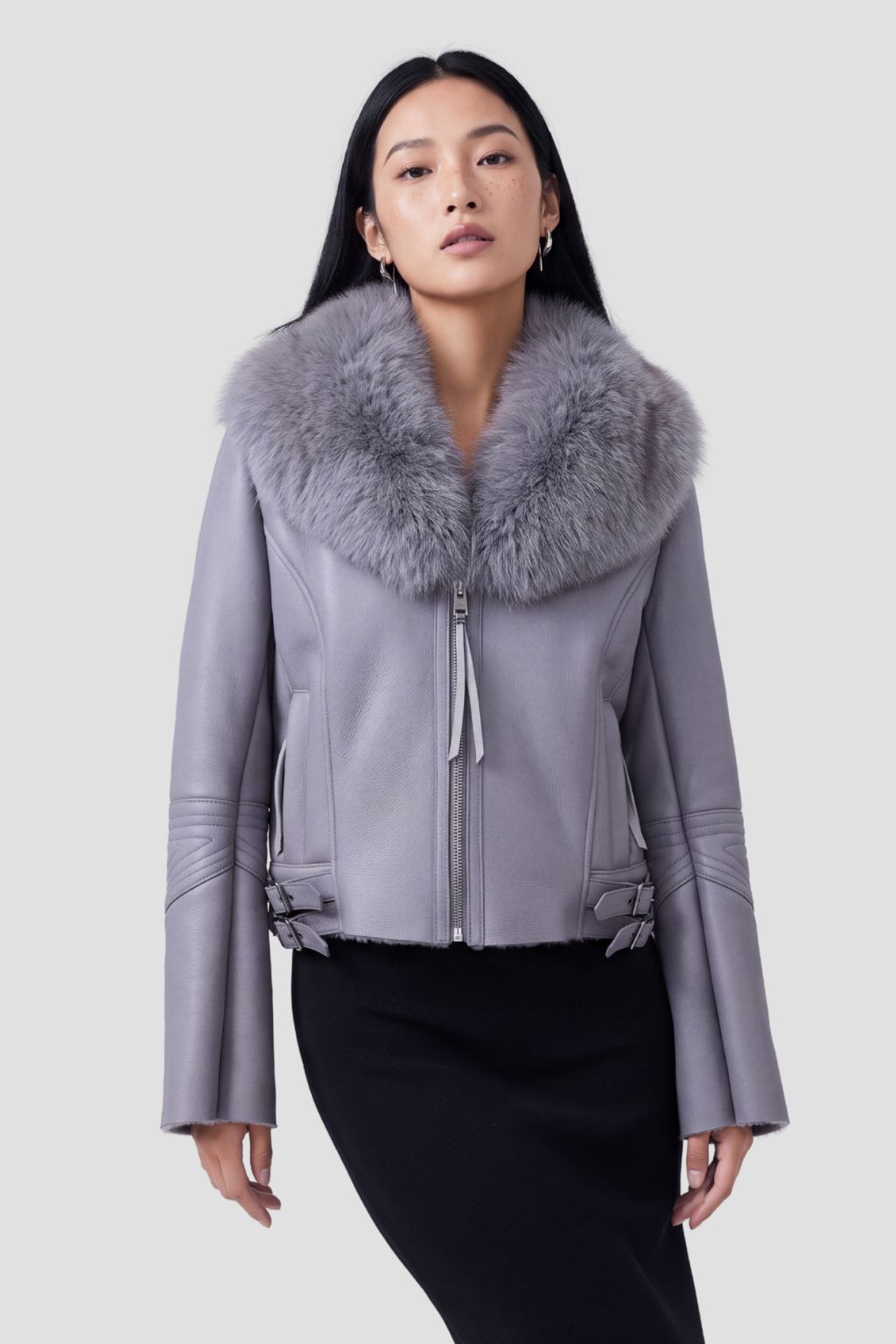 Veste en cuir à fourrure grise Héritage fourrure