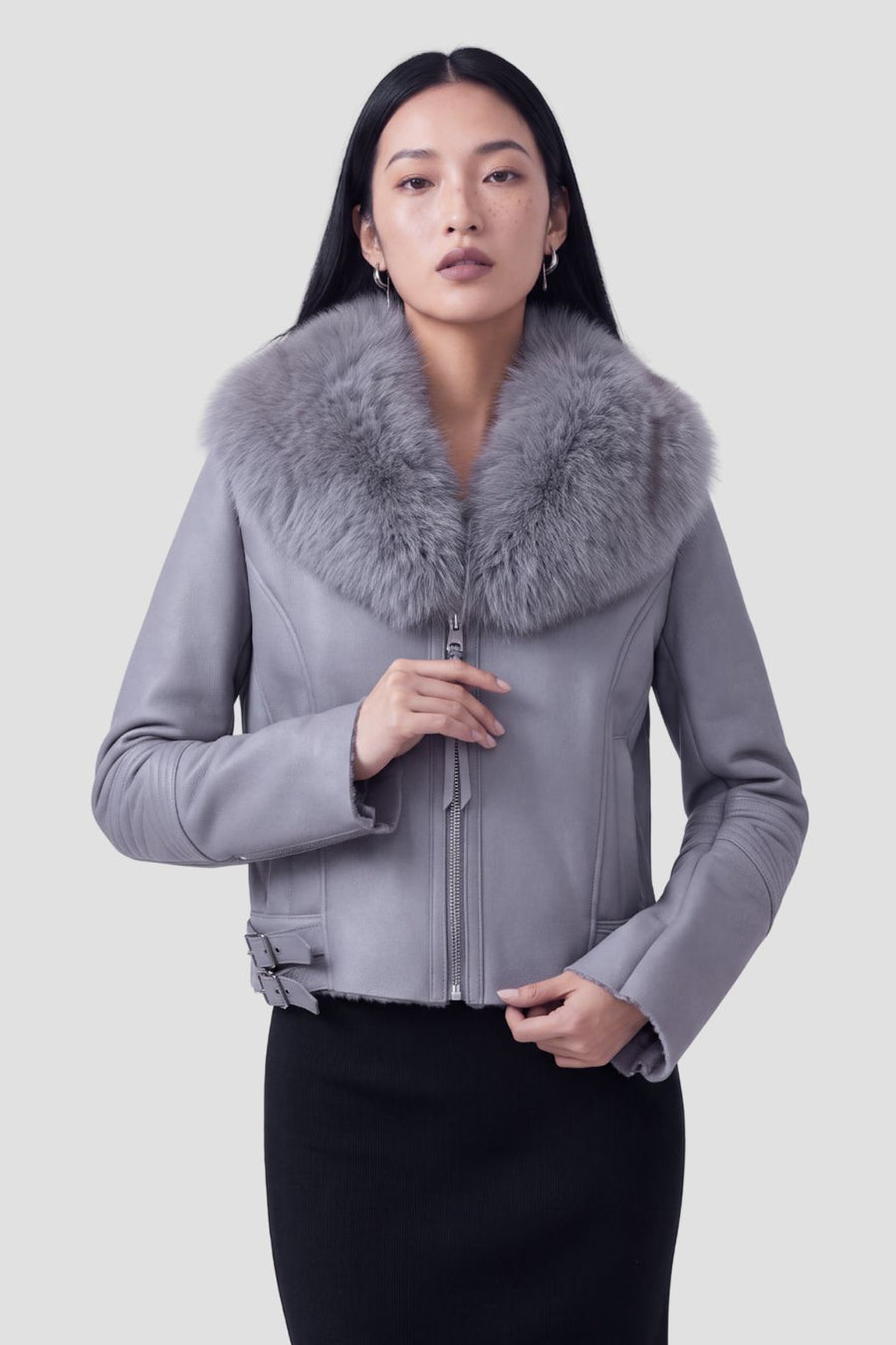 Veste en cuir à fourrure grise Héritage fourrure