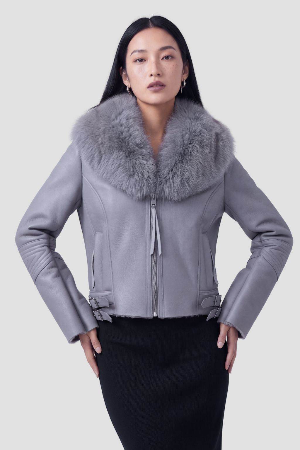 Veste en cuir à fourrure grise Héritage fourrure