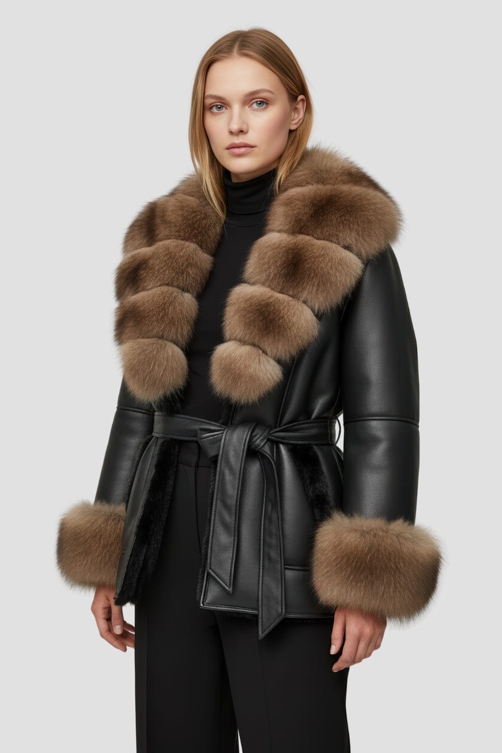 Veste en cuir à fourrure marron Héritage fourrure