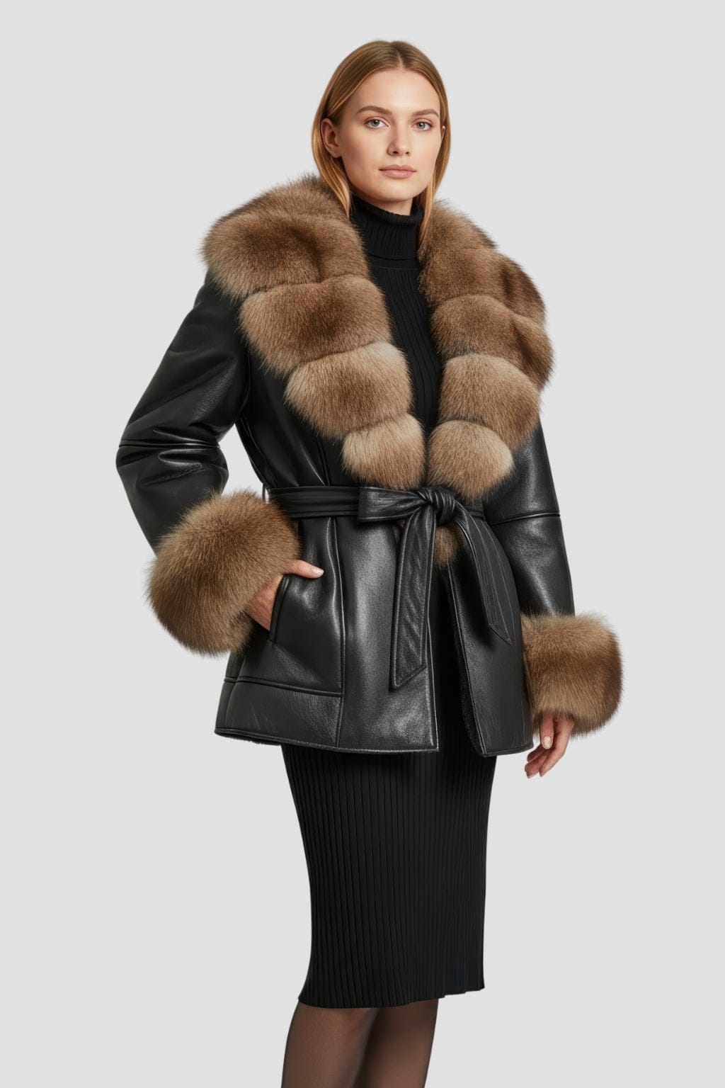 Veste en cuir à fourrure marron Héritage fourrure