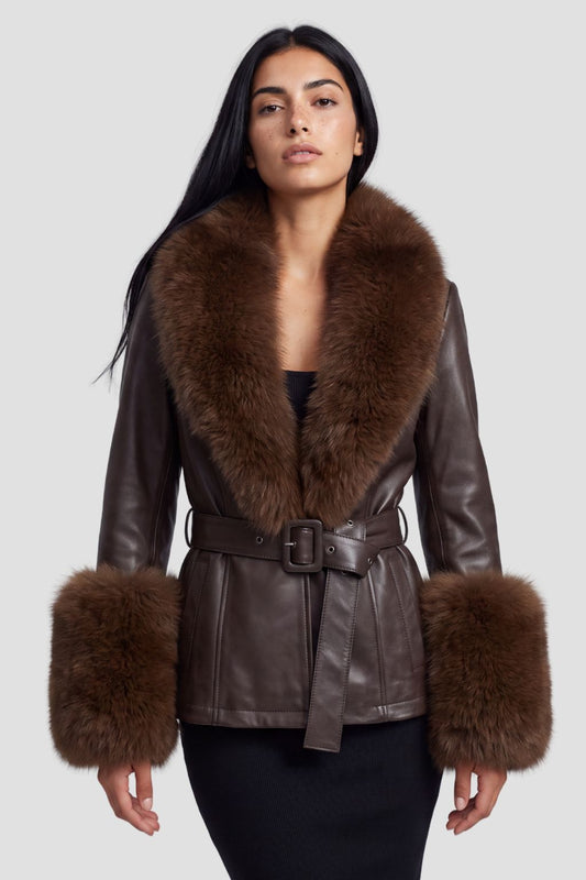 Veste en cuir à fourrure marron Héritage fourrure