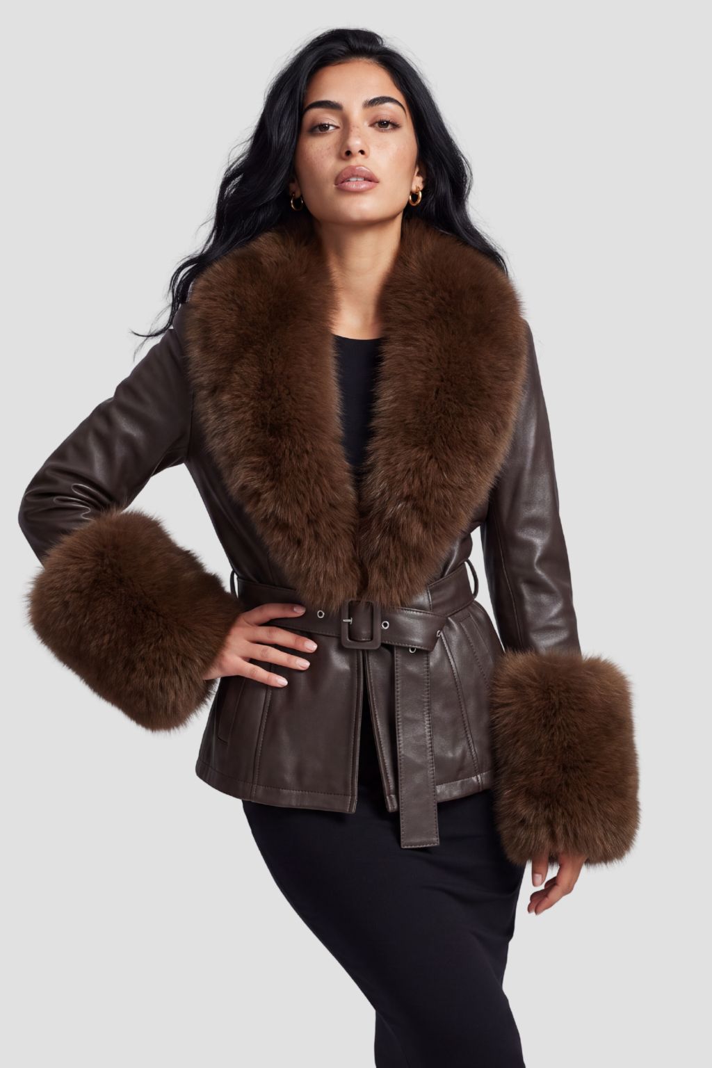 Veste en cuir à fourrure marron Héritage fourrure