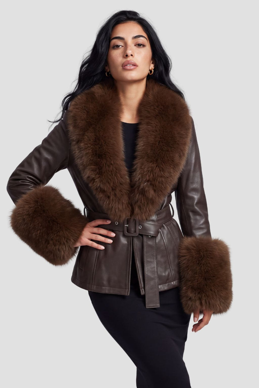 Veste en cuir à fourrure marron Héritage fourrure