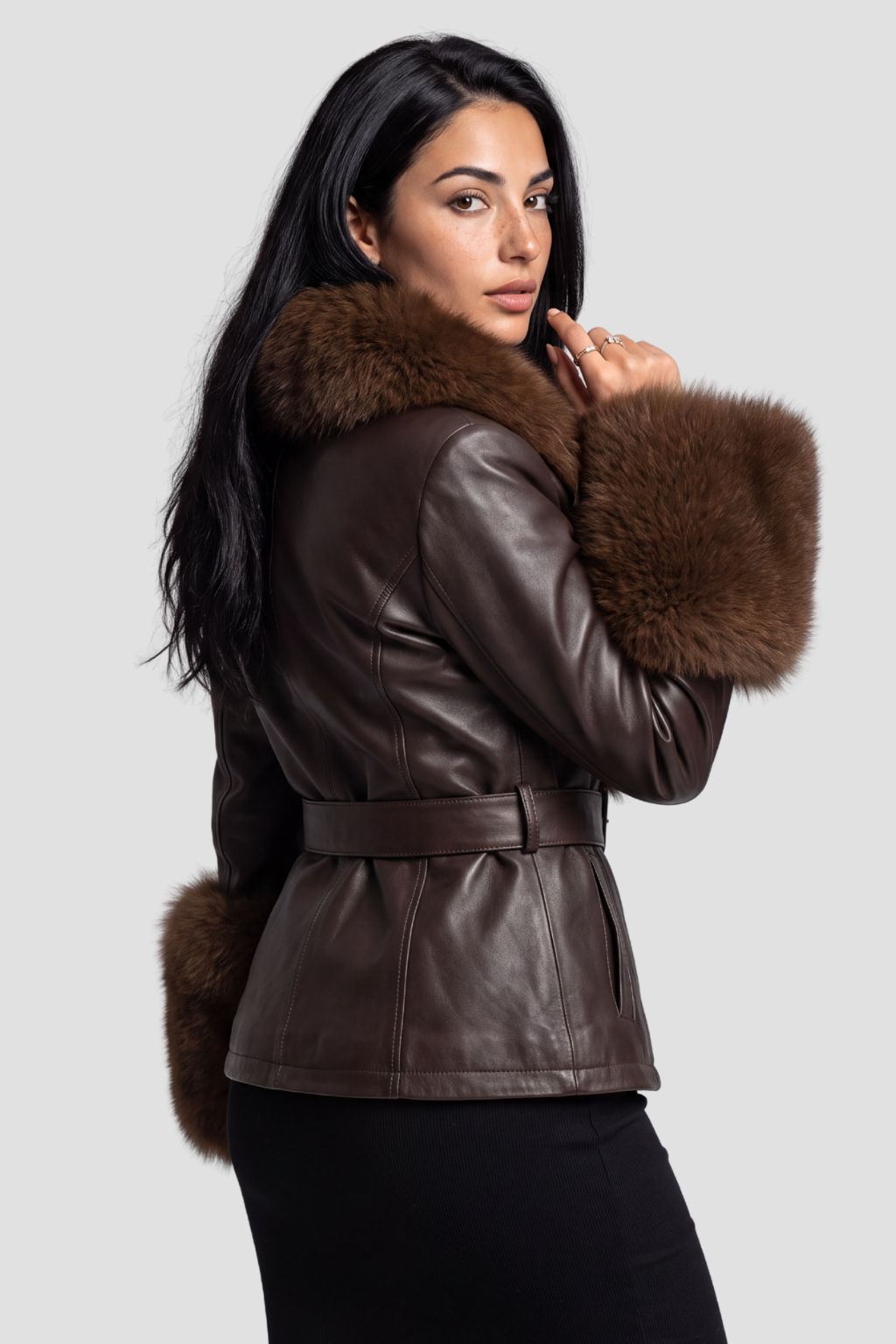 Veste en cuir à fourrure marron Héritage fourrure