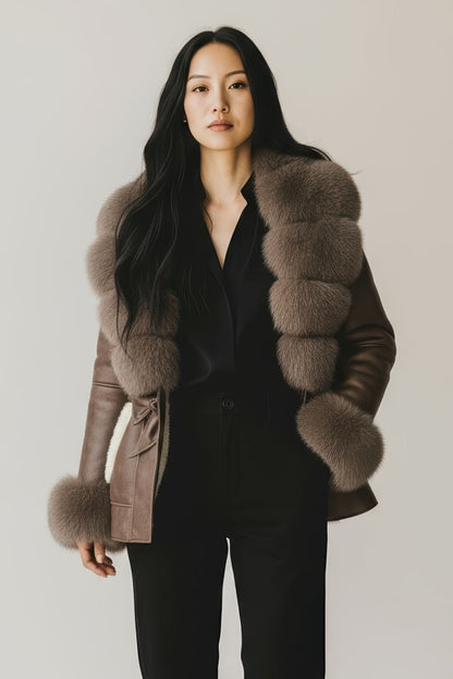 Veste en cuir brune à fourrure Héritage fourrure