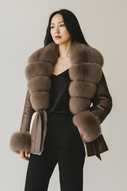 Veste en cuir brune à fourrure Héritage fourrure