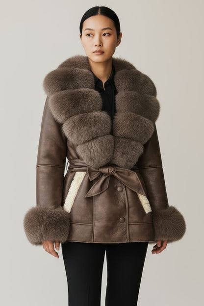 Veste en cuir brune à fourrure Héritage fourrure