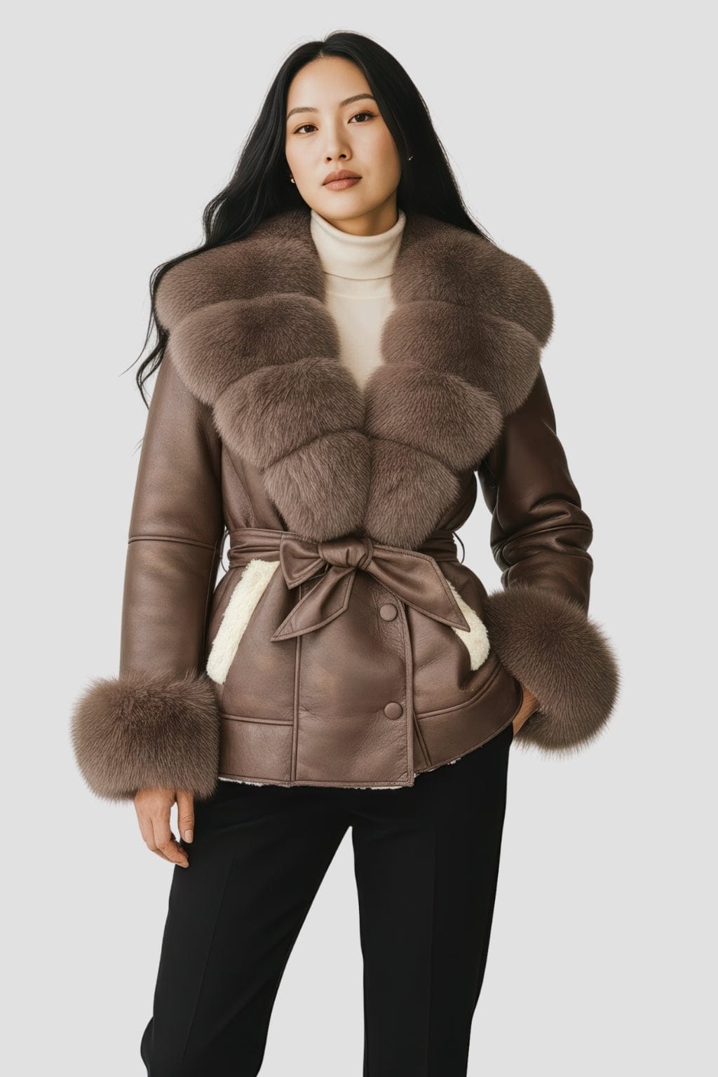 Veste en cuir brune à fourrure Héritage fourrure