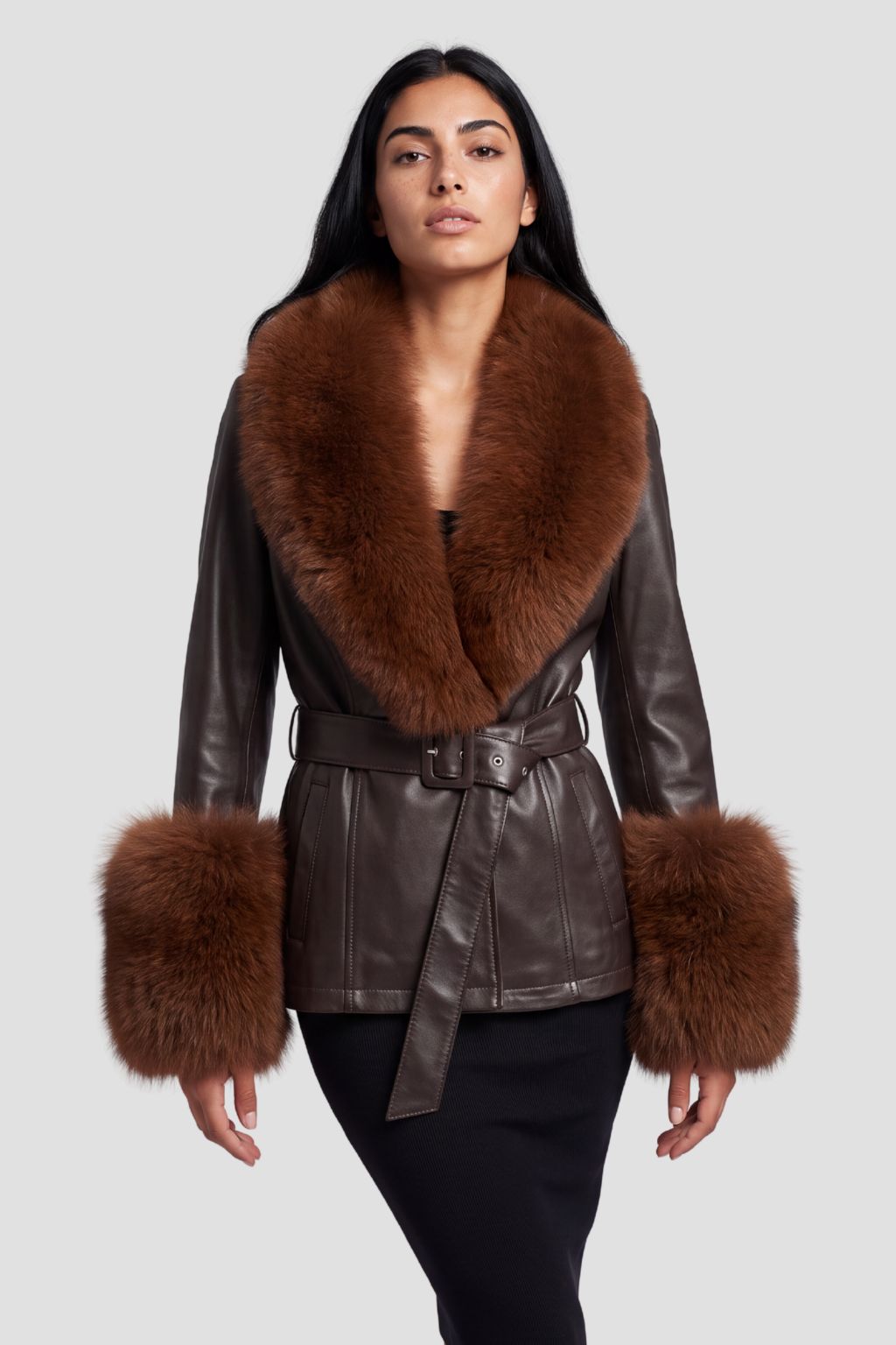 Veste en cuir brune à fourrure Héritage fourrure