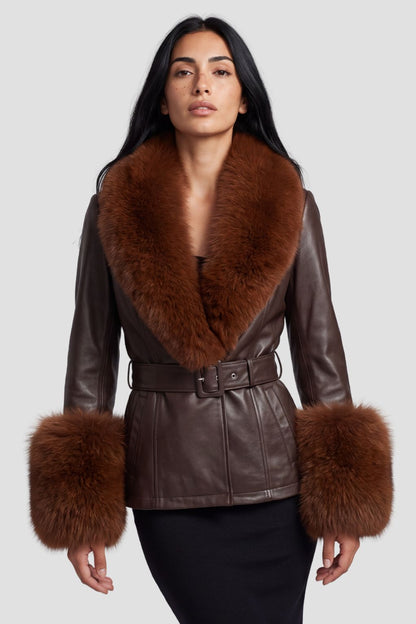 Veste en cuir brune à fourrure Héritage fourrure