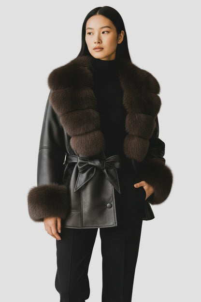 Veste fourrure femme cuir noire Héritage fourrure