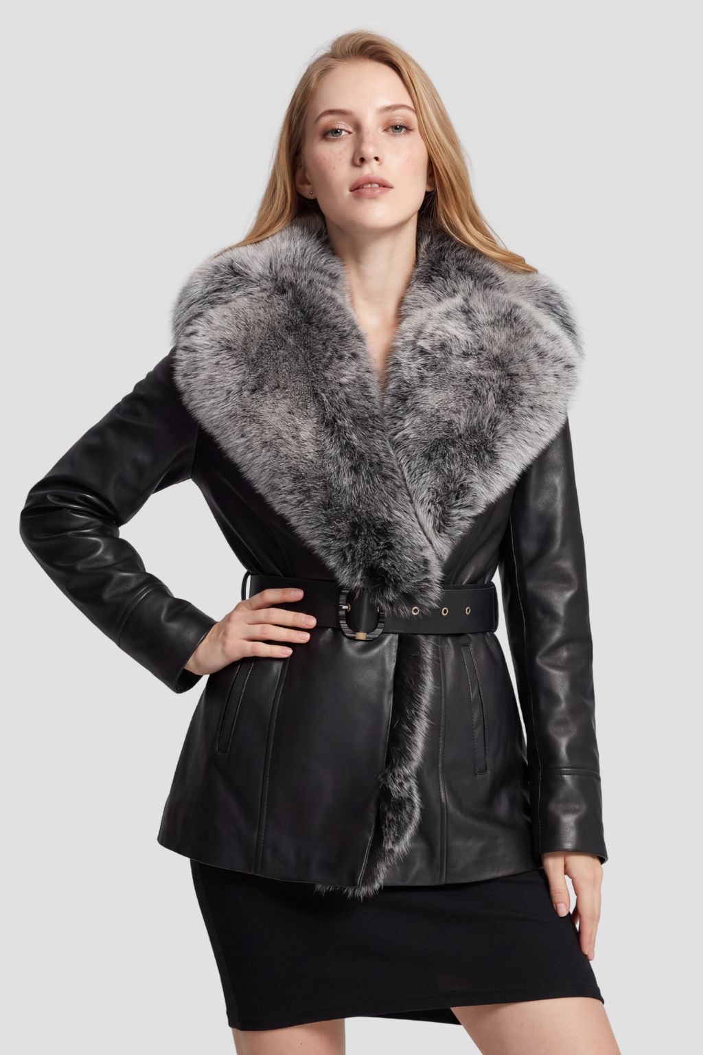 Veste fourrure femme cuir noire Héritage fourrure