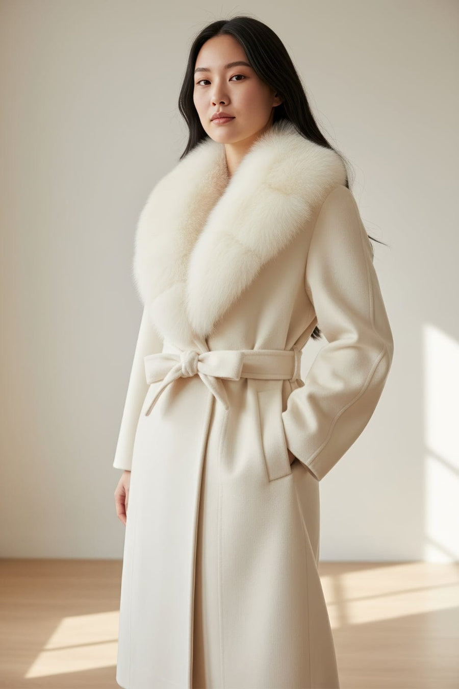 Veste longue en fourrure beige Héritage fourrure